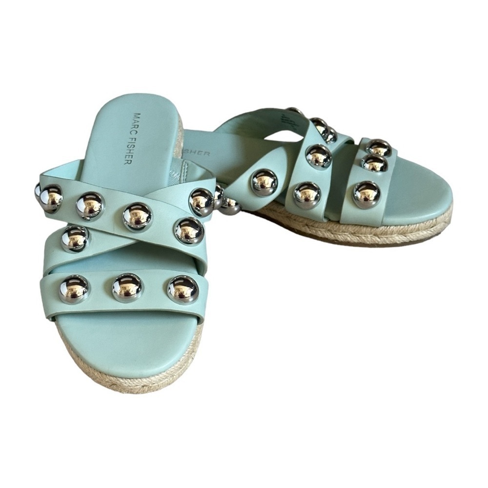 Marc Fisher Prisca Mint Blue Silver Ball Studded Crisscross Slide Sandals Size 7